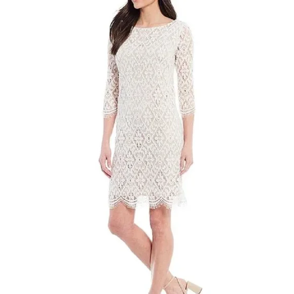 Jessica Howard | Dresses | Jessica Howard Jewel Neck 34 Sleeve Lace Shift  Dress Ivorybeige Size | Poshmark